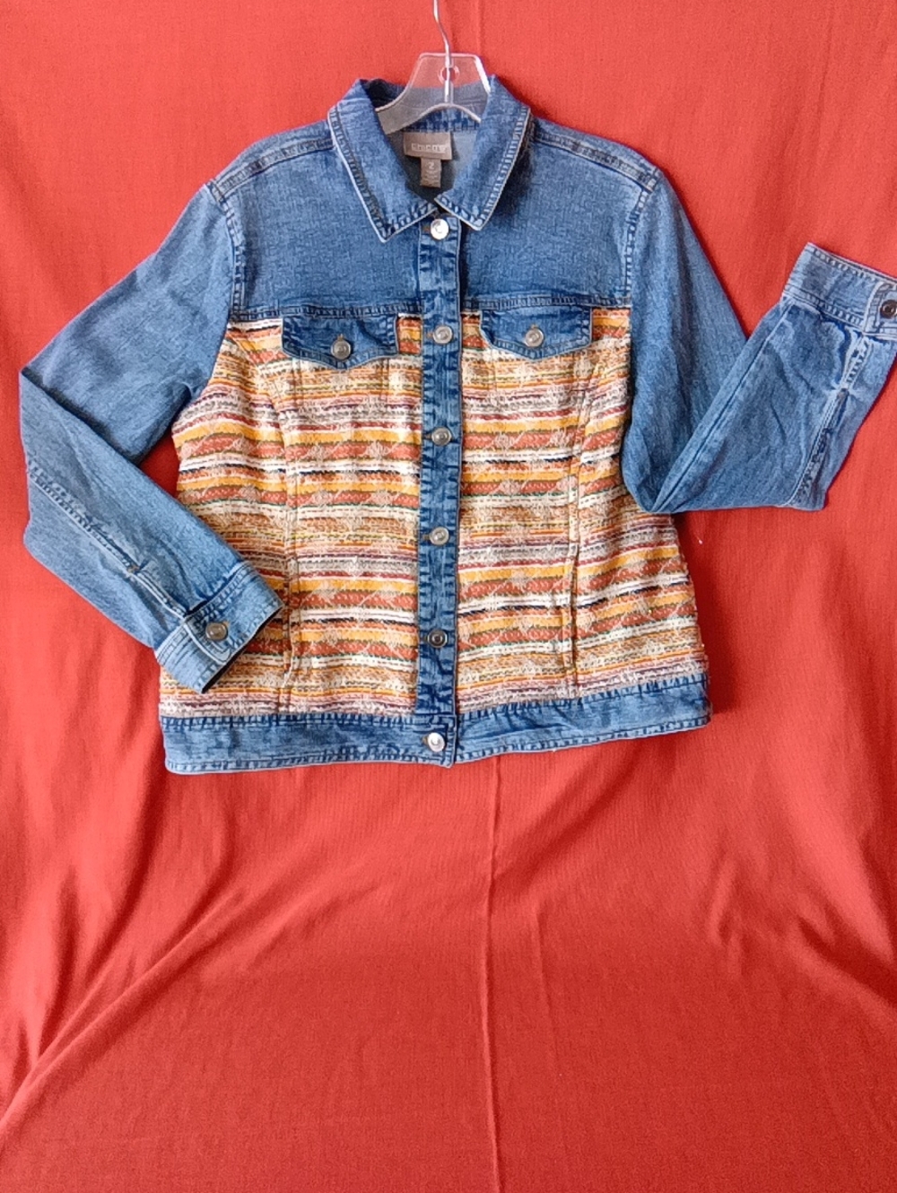 Chico's Blue Denim Jacket with Multicolor Woven Front